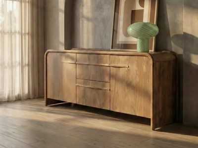 Rounded sideboard made of solid mango wood with drawers - AGAETE