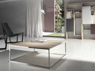Table basse avec structure en acier laqué et plateau en bois, laqué, céramique ou en verre à effet marbre - AMAN 2