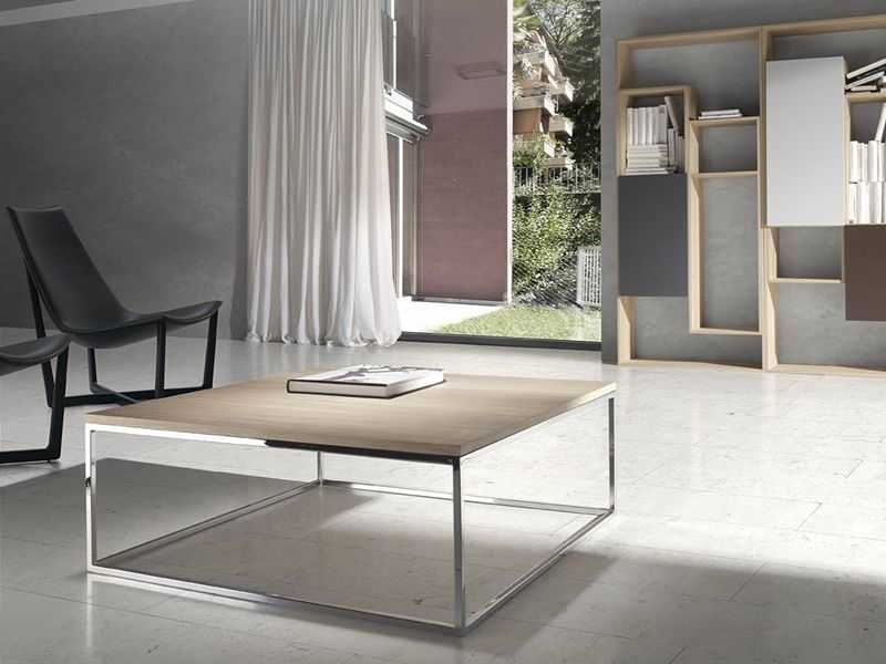 Table basse avec structure en acier laqué et plateau en bois, laqué, céramique ou en verre à effet marbre - AMAN