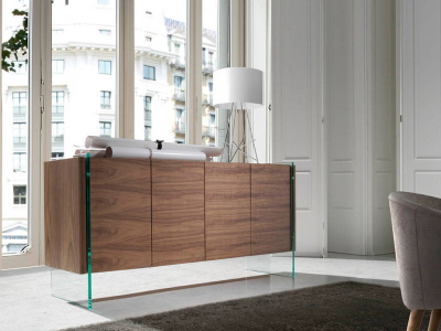 Walnut sideboard with tempered glass legs - CORINTO Walnut sideboard with tempered glass legs - CORINTO