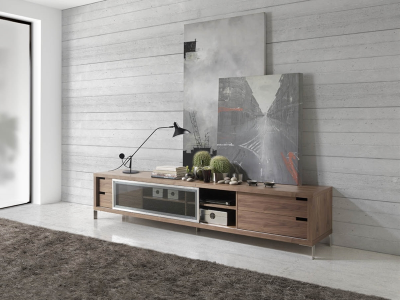 Meuble TV design en noyer et acier inox - SEATTLE
