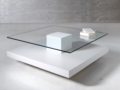 Mesa de centro con tapa de cristal templado y peana central -AIRE