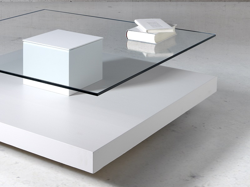 Mesa de centro con tapa de cristal templado y peana central -AIRE